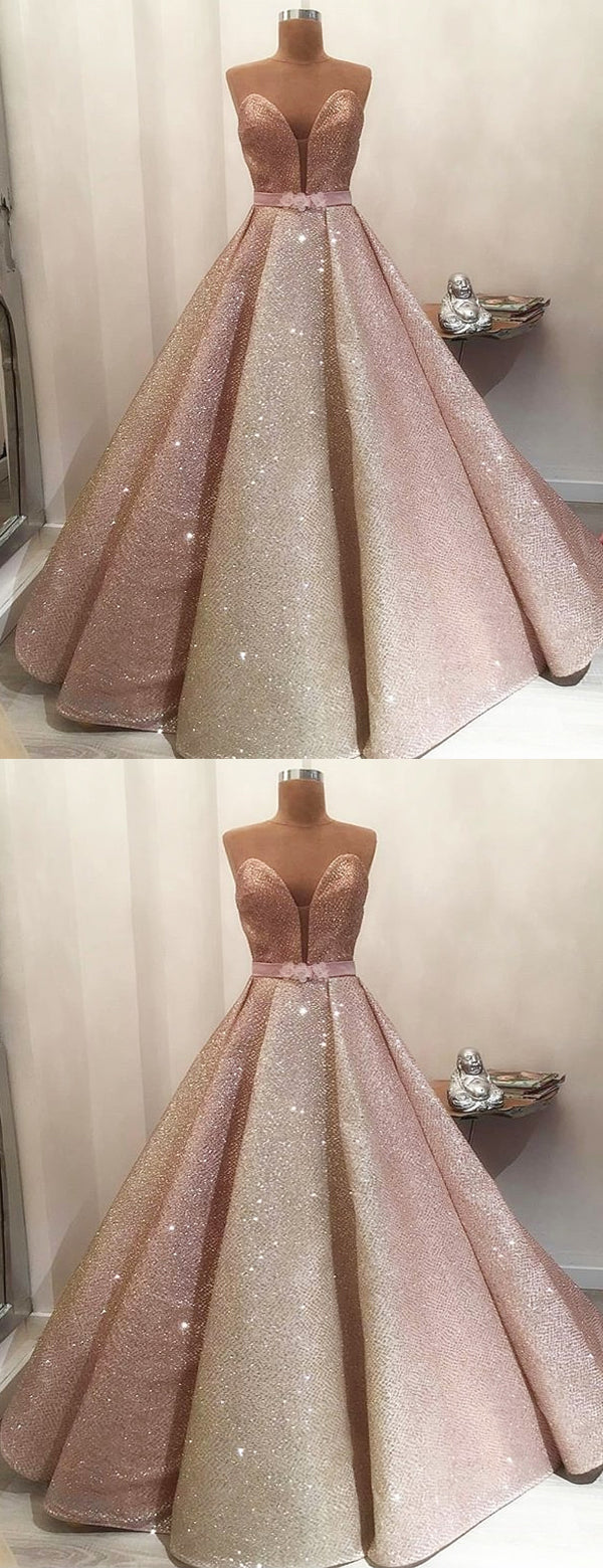 Gorgeous Shiny Rose Gold Satin Strapless Ball Gown Prom Dresses.PD0022 AlineBridal