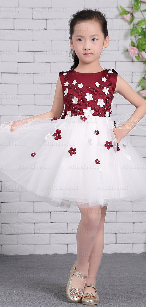 Grape Satin White Tulle Floral Applique Sweet Flower Girl Dresses, FGS133