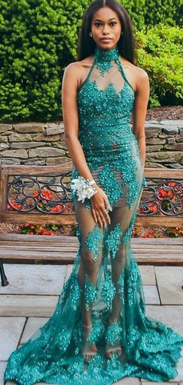 blue and green mermaid prom dress Green Tulle Mermaid Spaghetti Straps V-neck Prom Dress Evening Dress, RomanBridal