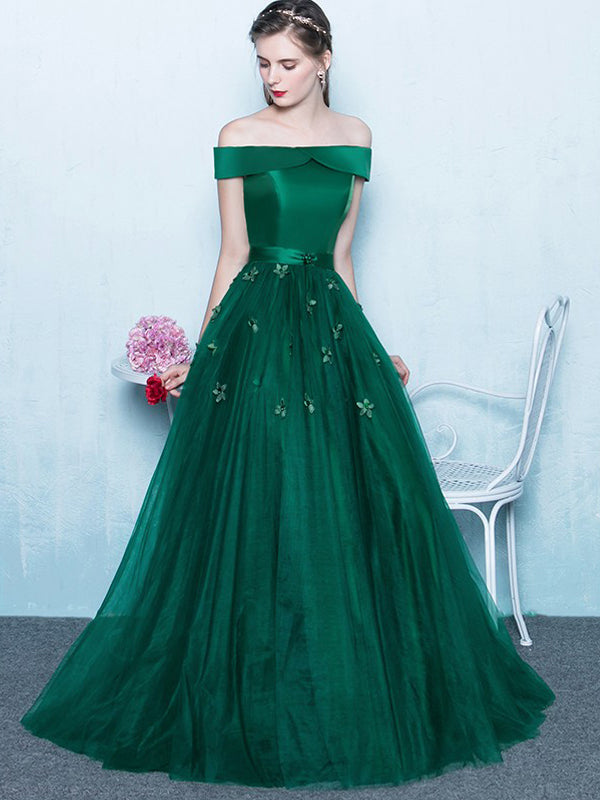 Elegant Dark Green Satin Beading Lace Flower Prom Dresses 2023 Ball Gown  Scoop Neck Puffy Short Sleeve Floor-Length / Long Prom Formal Dresses