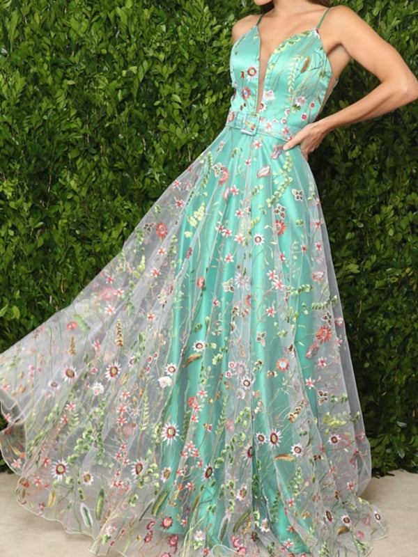Green Satin Floral Embroidery Spaghetti Strap A-line Prom Dresses,PD00 AlineBridal Green Satin Floral Embroidery Spaghetti Strap A-line Prom Dresses,PD00 AlineBridal