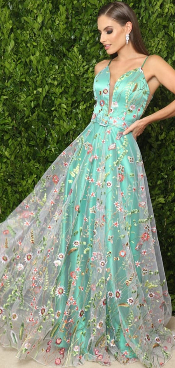 Green Satin Floral Embroidery Spaghetti Strap A-line Prom Dresses,PD00 AlineBridal Green Satin Floral Embroidery Spaghetti Strap A-line Prom Dresses,PD00 AlineBridal