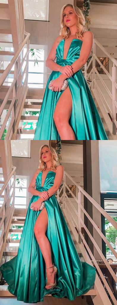 Green Satin Strapless Slit Cheap Fashion Prom Dresses.PD00266