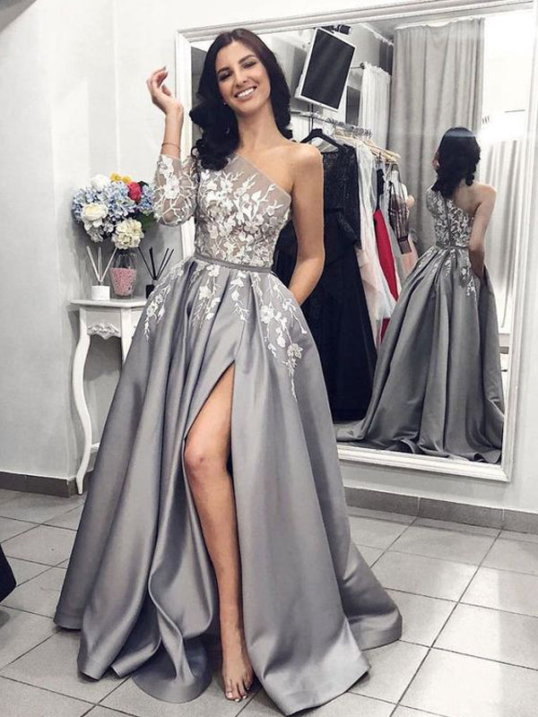 Grey Satin One Shoulder Applique Long Sleeve Prom Dresses PD00144 AlineBridal