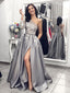 Grey Satin One Shoulder Applique Long Sleeve Prom Dresses  ,PD00144