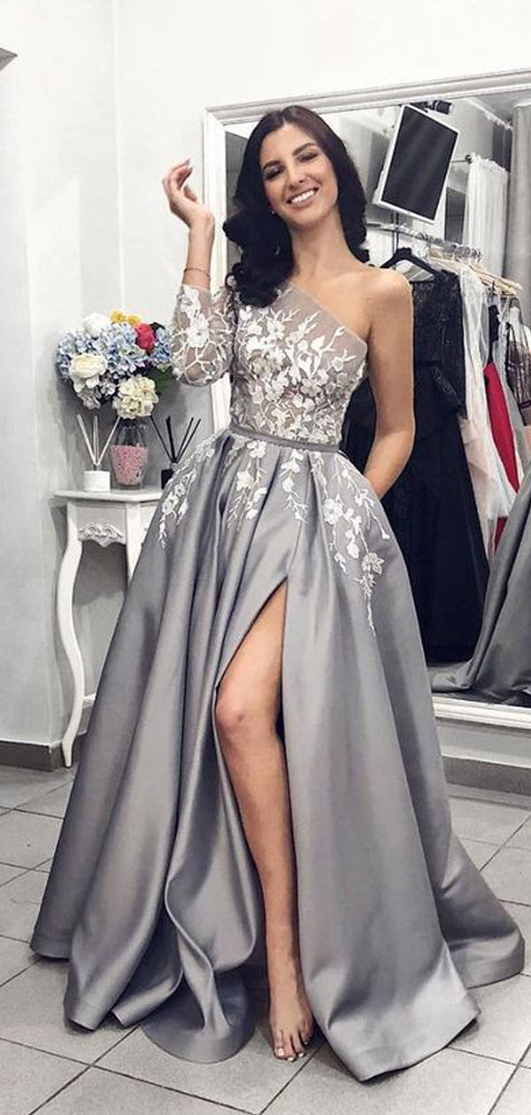 Grey Satin One Shoulder Applique Long Sleeve Prom Dresses ,PD00144 AlineBridal Grey Satin One Shoulder Applique Long Sleeve Prom Dresses ,PD00144 AlineBridal