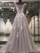 Grey Tulle Cap Sleeve Scoop Neck Appliques See-through  Prom Dresses,PD00069