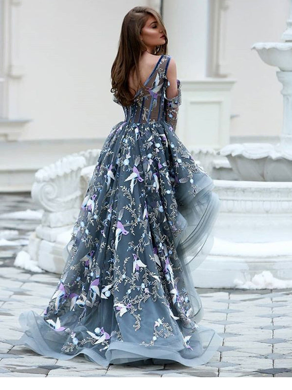 Grey Unique Applique Illusion High Low Long Sleeve Prom Dresses,PD00172