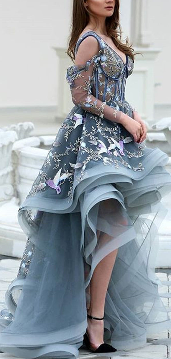 Grey Unique Applique Illusion High Low Long Sleeve Prom Dresses,PD0017 AlineBridal Grey Unique Applique Illusion High Low Long Sleeve Prom Dresses,PD0017 AlineBridal