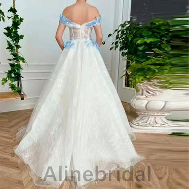 Elegant Off the Shoulder Corset A-line Long Prom Dress with Blue Floral Appliqué , PD3612