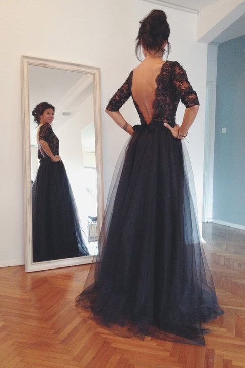 Long Sleeve Black Lace Backless Ball Gown Evening Party Prom Dress, PD AlineBridal Long Sleeve Black Lace Backless Ball Gown Evening Party Prom Dress, PD AlineBridal
