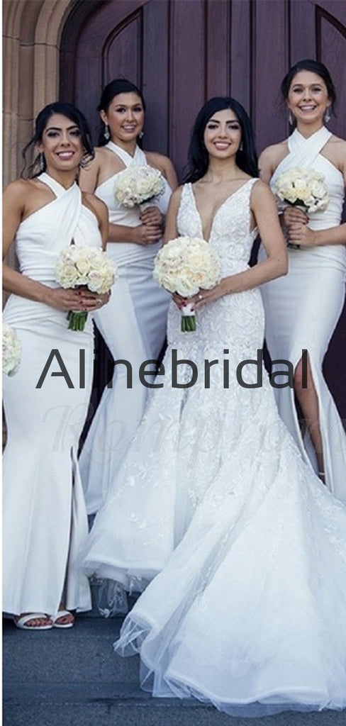 Halter White Mermaid Side Slit Long Formal Bridesmaid Dresses AB4219