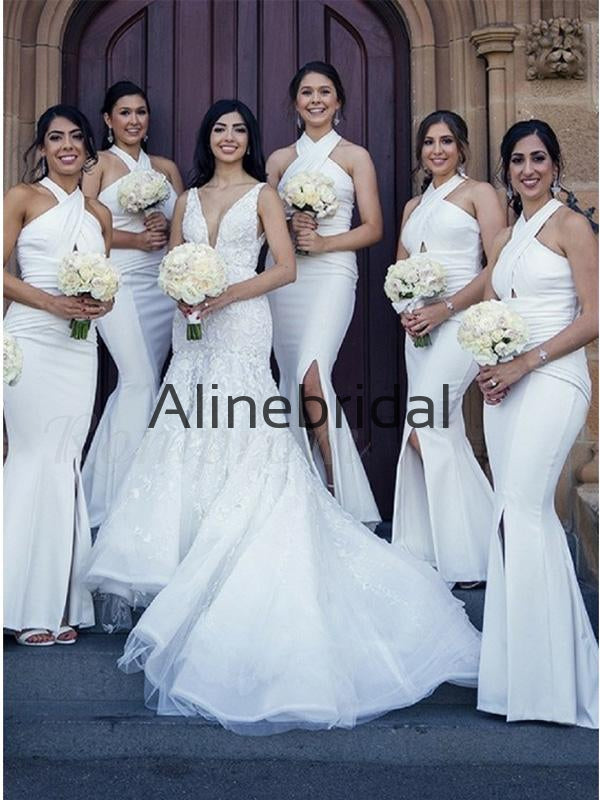 Halter White Mermaid Side Slit Long Formal Bridesmaid Dresses AB4219
