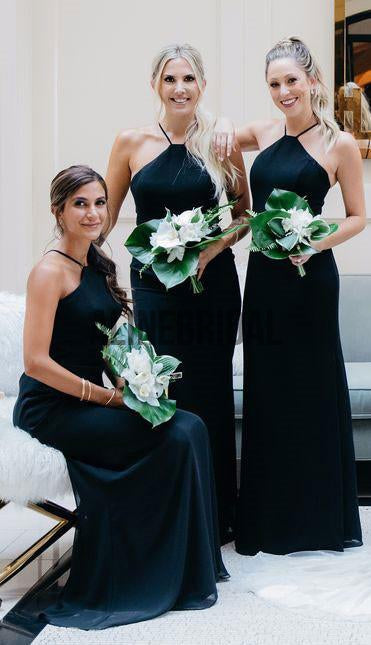 Halter Dark Navy Blue Chiffon Elegant Long Sheath Bridesmaid Dresses, AlineBridal Halter Dark Navy Blue Chiffon Elegant Long Sheath Bridesmaid Dresses, AlineBridal