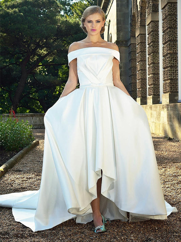 high low off the shoulder wedding dress Sheer Bridal Gown with Floral Embellishments JB42480