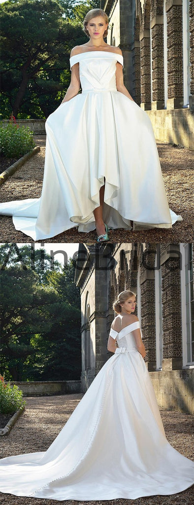 High Low Off Shoudler Off White Satin Ball Gown Wedding Dresses, AB1542
