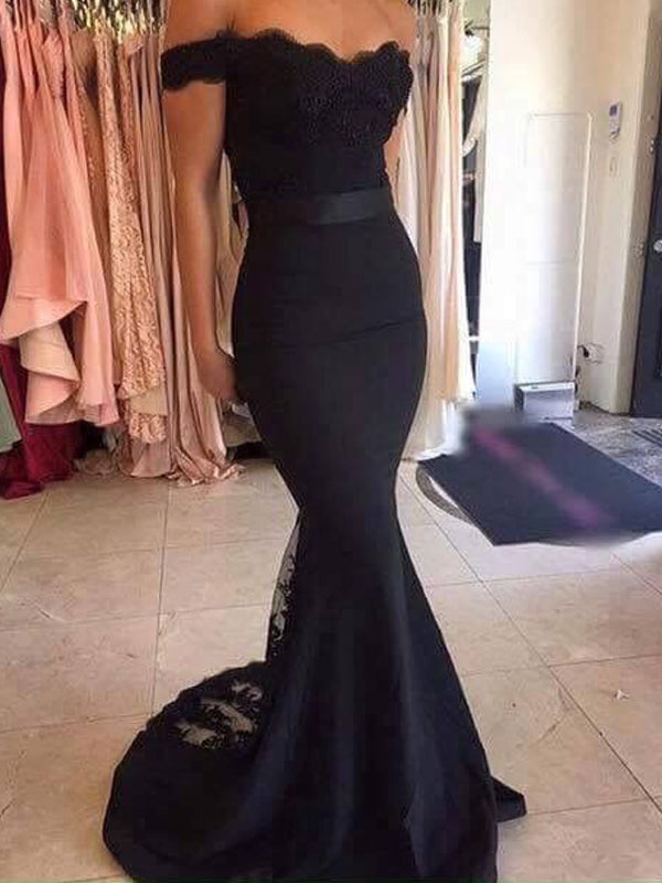 Sexy Black Tulle Off Shoulder Low Back Mermaid Prom Dress, Lace Trim E AlineBridal Sexy Black Tulle Off Shoulder Low Back Mermaid Prom Dress, Lace Trim E AlineBridal