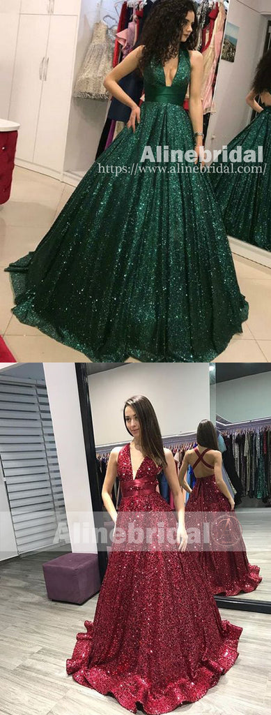 Hunter Green Sequin V-neck Criss-cross Sparkly Prom Dresses ,PD00109
