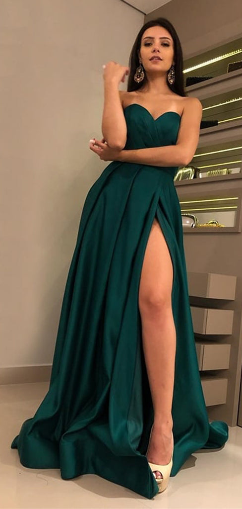 Hunter Green Sweetheart Strapless Slit A-line Prom Dresses.PD00280