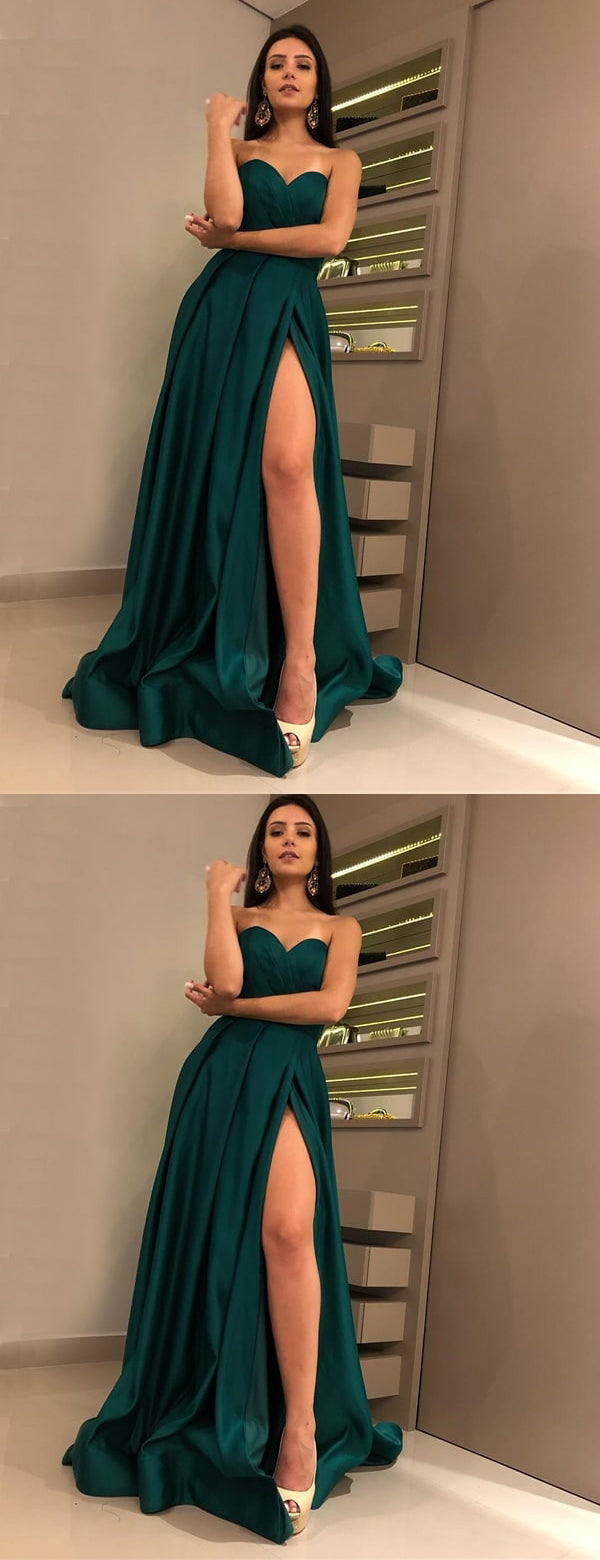 Hunter Green Sweetheart Strapless Slit A-line Prom Dresses.PD00280 AlineBridal Hunter Green Sweetheart Strapless Slit A-line Prom Dresses.PD00280 AlineBridal