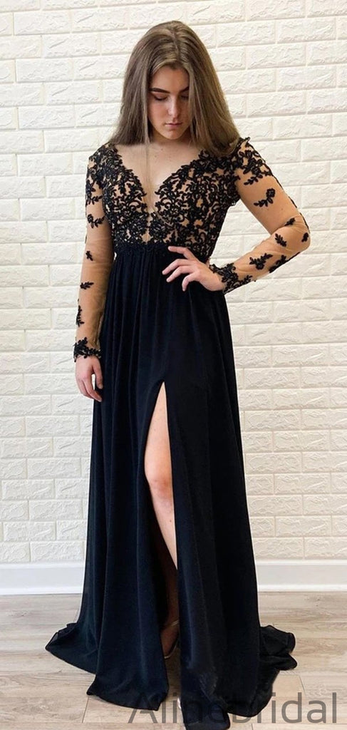 Illusion Long Sleeves Black Formal High Slit Sexy Chiffon Long Prom Dress PD1044