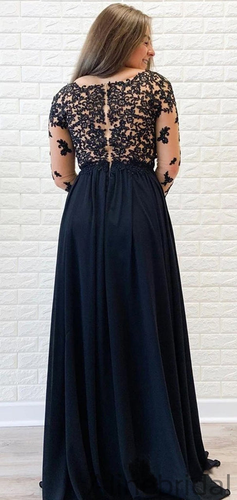 Illusion Long Sleeves Black Formal High Slit Sexy Chiffon Long Prom Dress PD1044