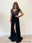 Illusion Long Sleeves Black Formal High Slit Sexy Chiffon Long Prom Dress PD1044