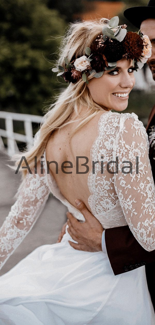 Illusion Lace Long Sleeve V-neck Chiffon A-line Beach Wedding Dresses, AlineBridal Illusion Lace Long Sleeve V-neck Chiffon A-line Beach Wedding Dresses, AlineBridal