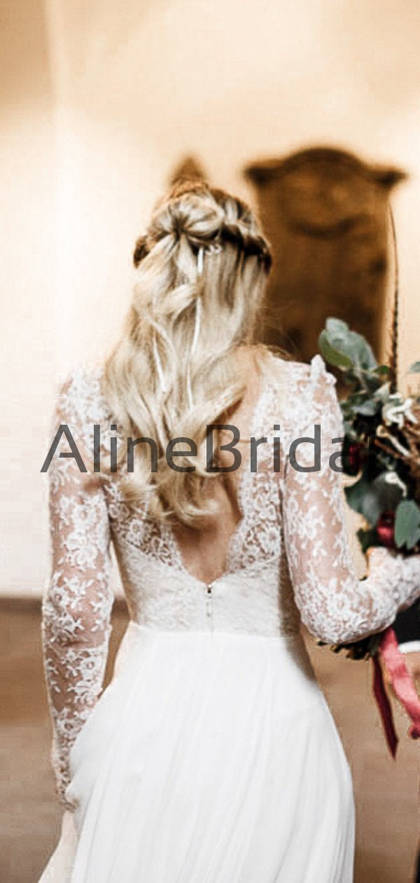 Illusion Lace Long Sleeve V-neck Chiffon A-line Beach Wedding Dresses, –  AlineBridal