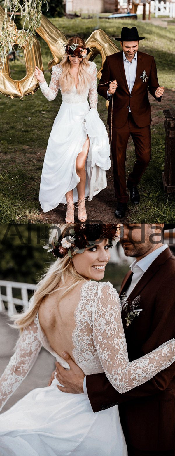 Illusion Lace Long Sleeve V-neck Chiffon A-line Beach Wedding Dresses, AlineBridal Illusion Lace Long Sleeve V-neck Chiffon A-line Beach Wedding Dresses, AlineBridal