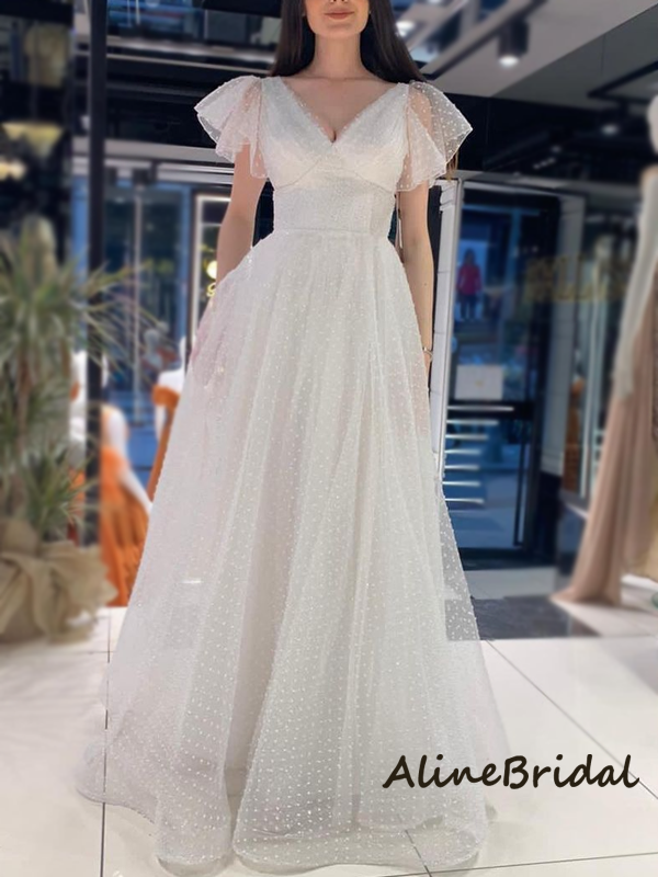 Elegant Illusion Sleeve V-neck A-line Organza Long Prom Dress, PD3029