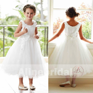 Ivory Applique Tulle Scoop Neck A-line Flower Girl Dresses, FGS097