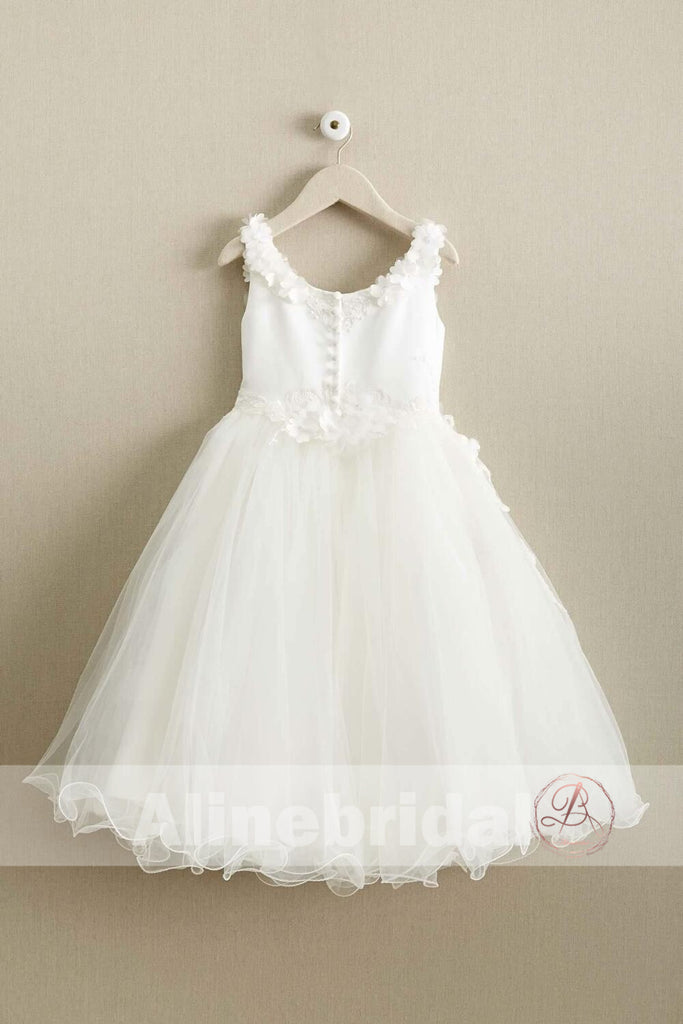 Ivory Applique Tulle Scoop Neck A-line Flower Girl Dresses, FGS097