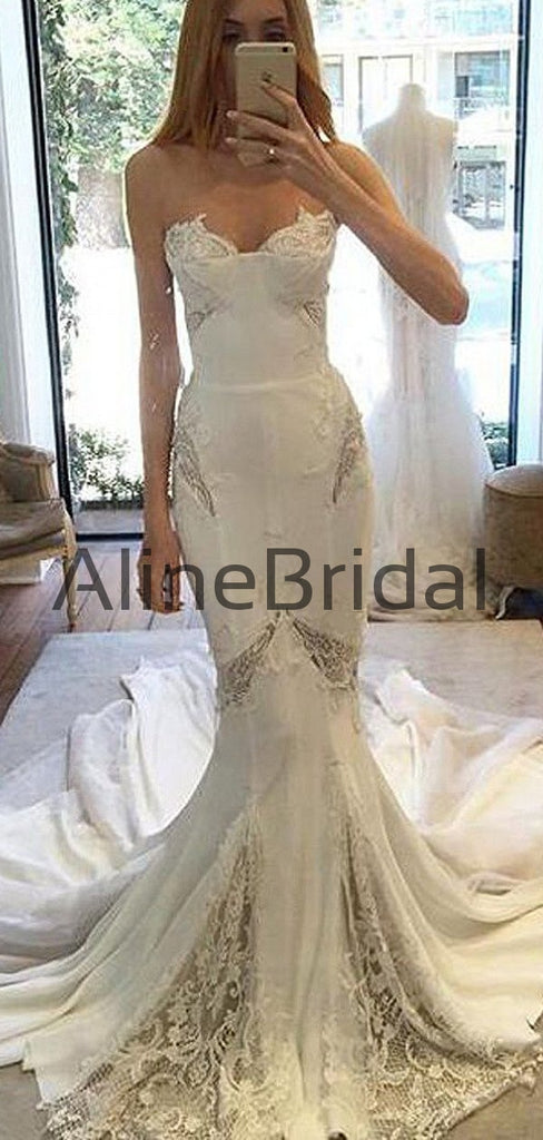Ivory Chiffon Lace Sweetheart Strapless Mermaid Sexy Wedding Dresses, AB1564