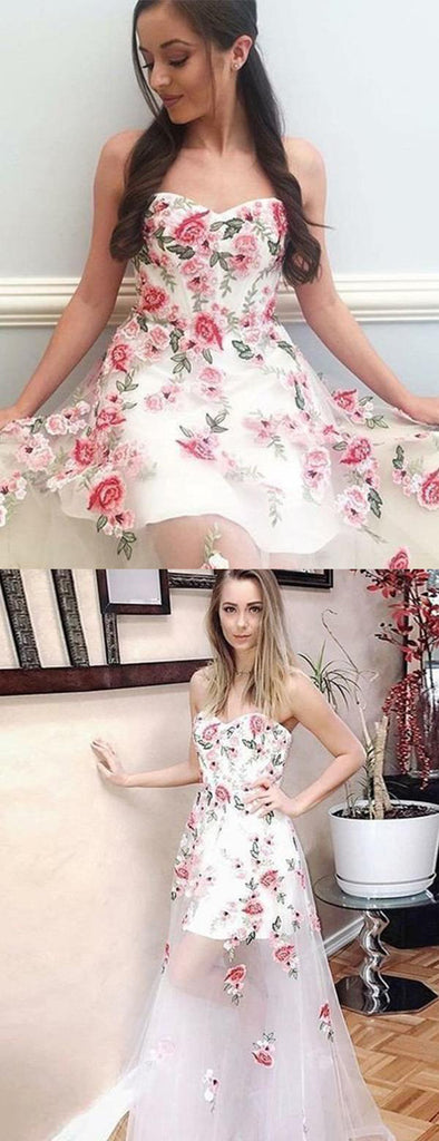 Ivory Floral Prints Sweetheart Strapless See Through Prom Dresses,PD00192