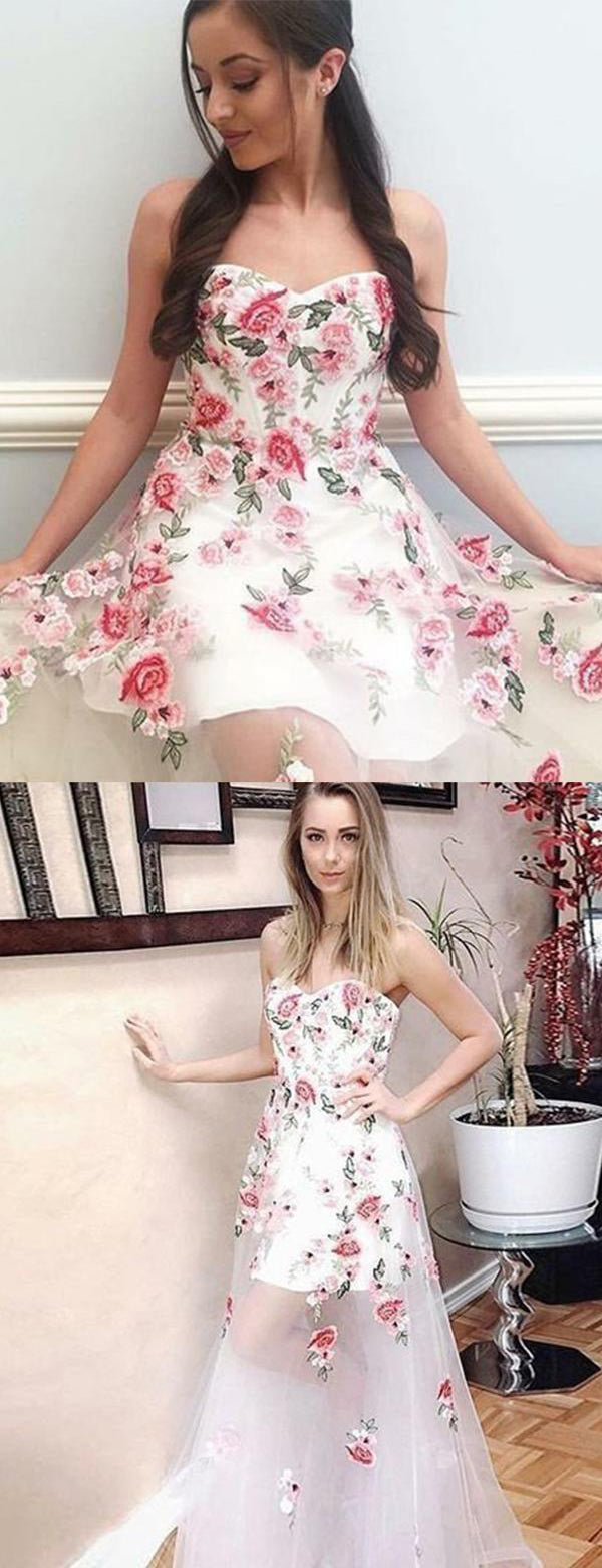 Ivory Floral Prints Sweetheart Strapless See Through Prom Dresses,PD00 –  AlineBridal