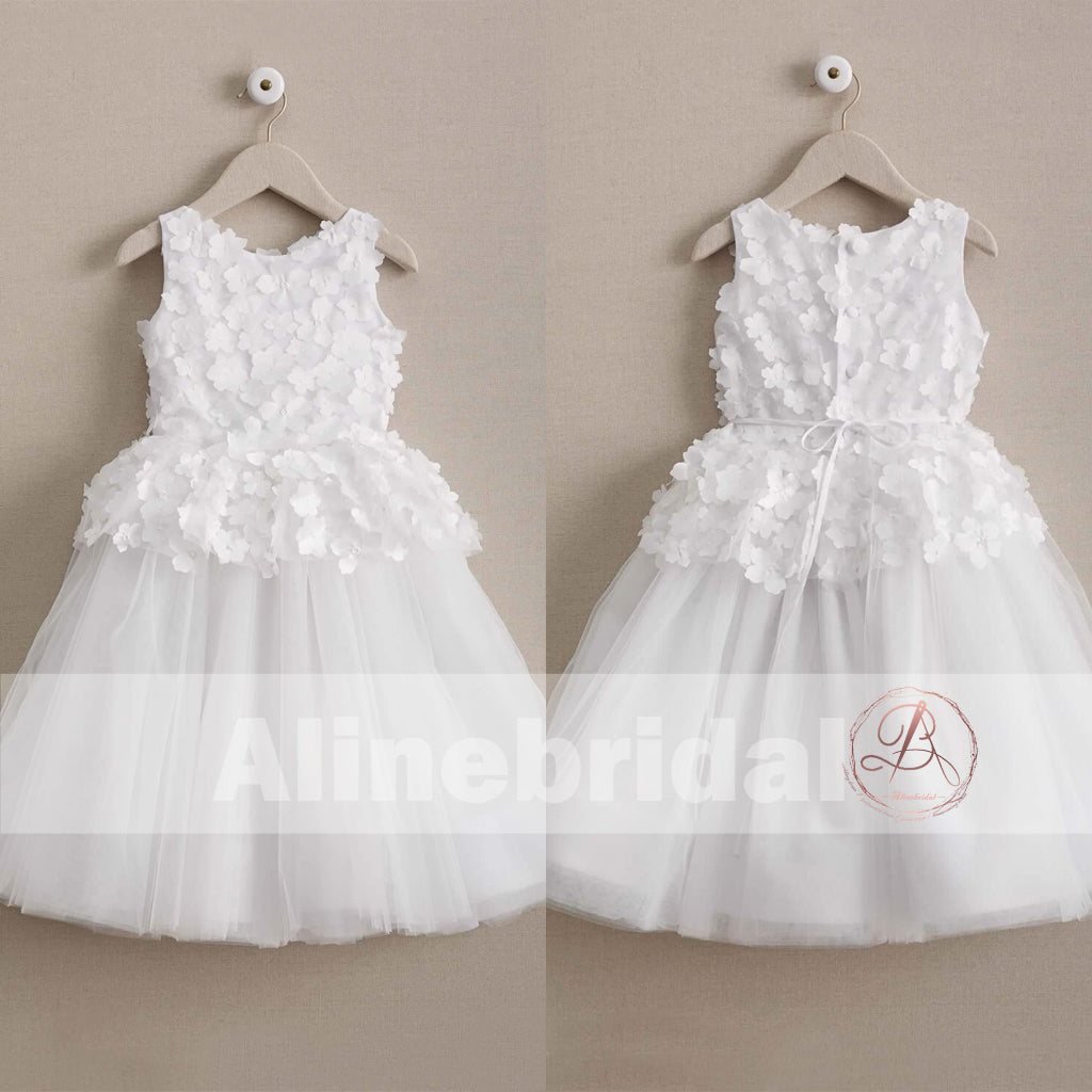 Ivory Handmade Flower Cute Round Neck Sleeveless Flower Girl Dresses, FGS066