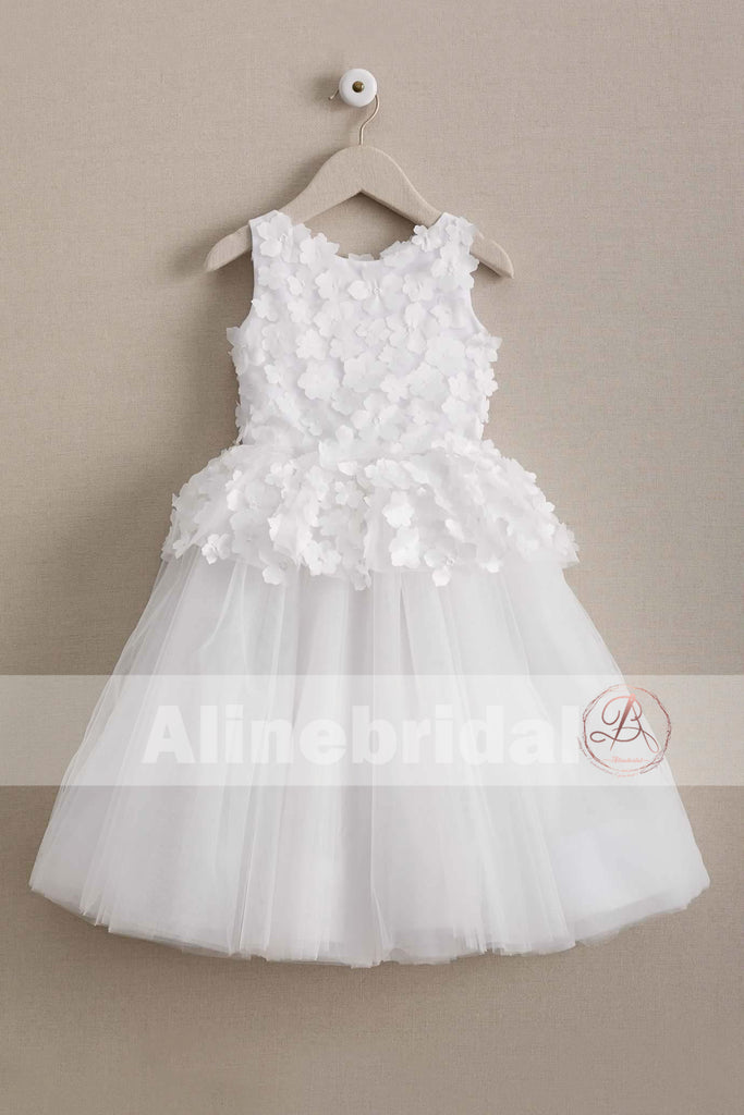 Ivory Handmade Flower Cute Round Neck Sleeveless Flower Girl Dresses, FGS066