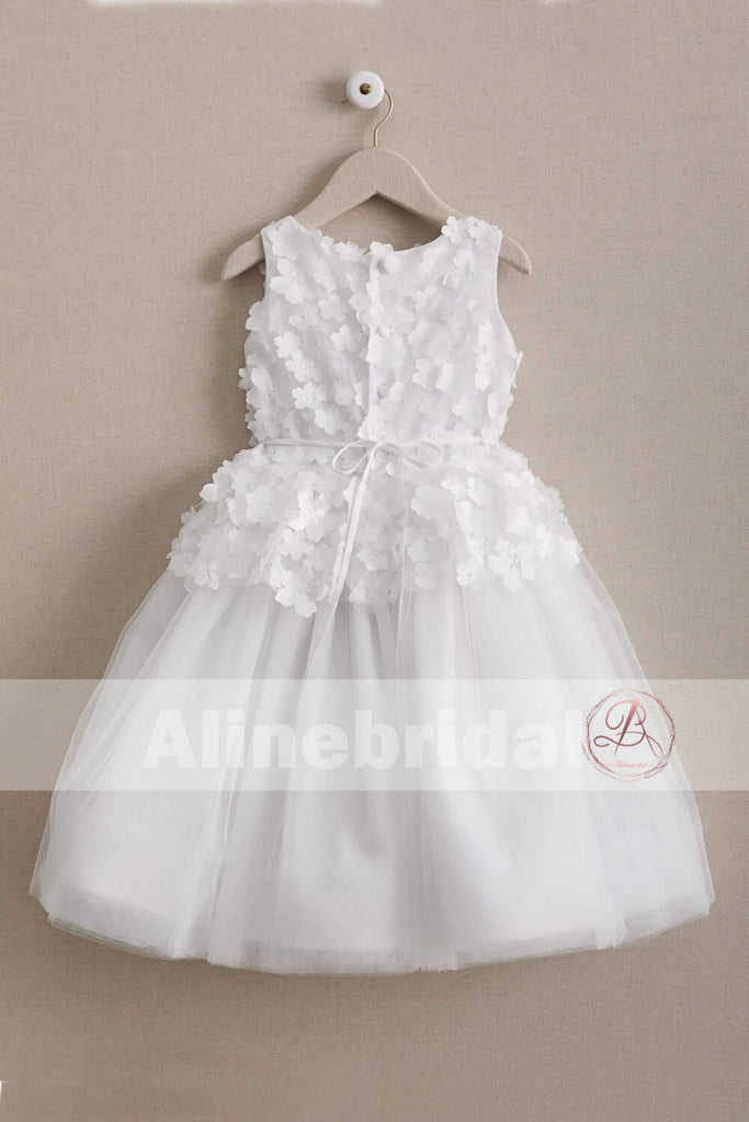 Ivory Handmade Flower Cute Round Neck Sleeveless Flower Girl Dresses, FGS066