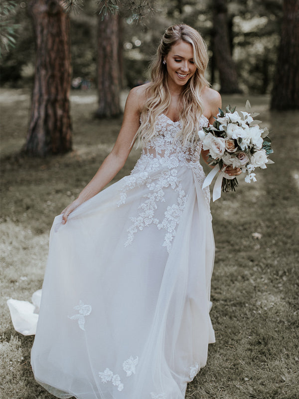 Elegant Floral Lace Strapless A-line Tulle Forest Wedding Dresses, AB1 AlineBridal Elegant Floral Lace Strapless A-line Tulle Forest Wedding Dresses, AB1 AlineBridal