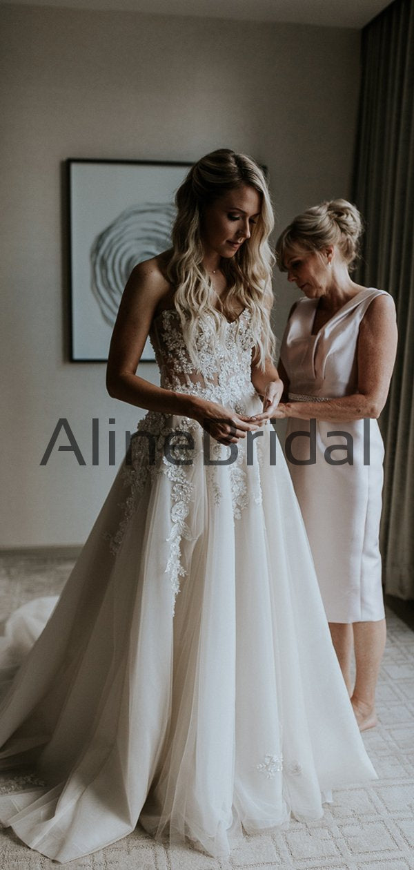 Elegant Floral Lace Strapless A-line Tulle Forest Wedding Dresses, AB1 AlineBridal Elegant Floral Lace Strapless A-line Tulle Forest Wedding Dresses, AB1 AlineBridal