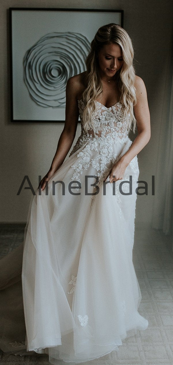 White sweetheart lace applique tulle wedding dress, lace wedding gown