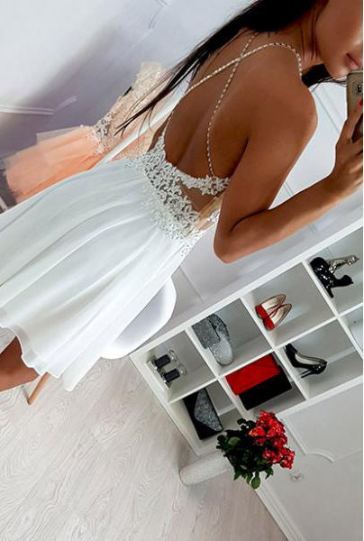 Ivory Lace Beaded Spaghetti Strap Criss-cross Chiffon Freshman Homecoming Dresses,BD00112