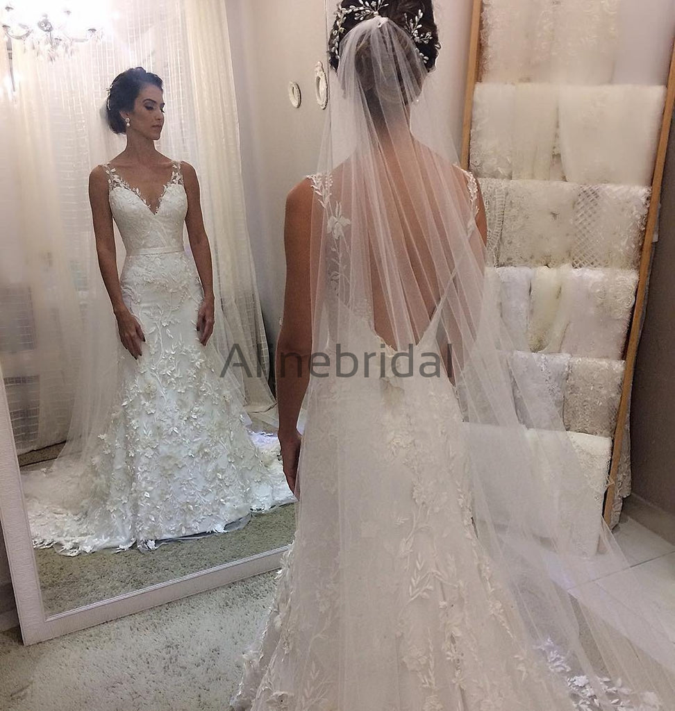 Ivory Lace Sheath Sleeveless Backless Charming Wedding Dresses, AB1502