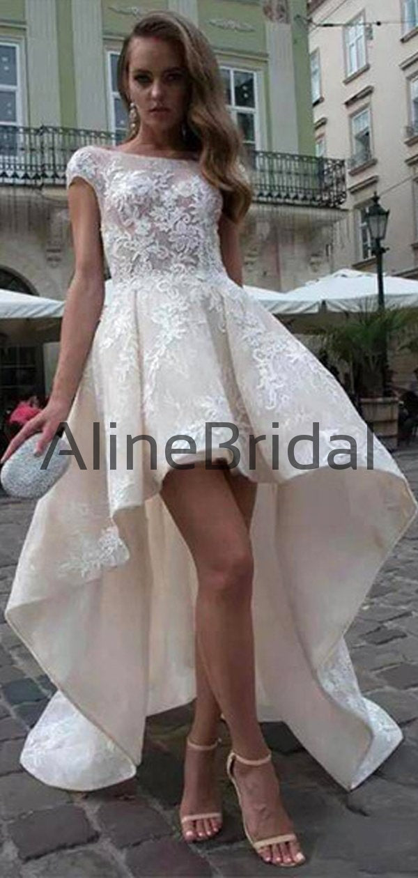 Ivory Lace Short Sleeve See Through Top High Low Fashion Wedding Dress AlineBridal Ivory Lace Short Sleeve See Through Top High Low Fashion Wedding Dress AlineBridal
