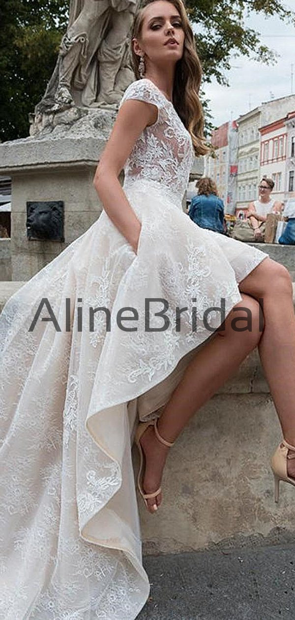 Ivory Lace Short Sleeve See Through Top High Low Fashion Wedding Dress AlineBridal Ivory Lace Short Sleeve See Through Top High Low Fashion Wedding Dress AlineBridal