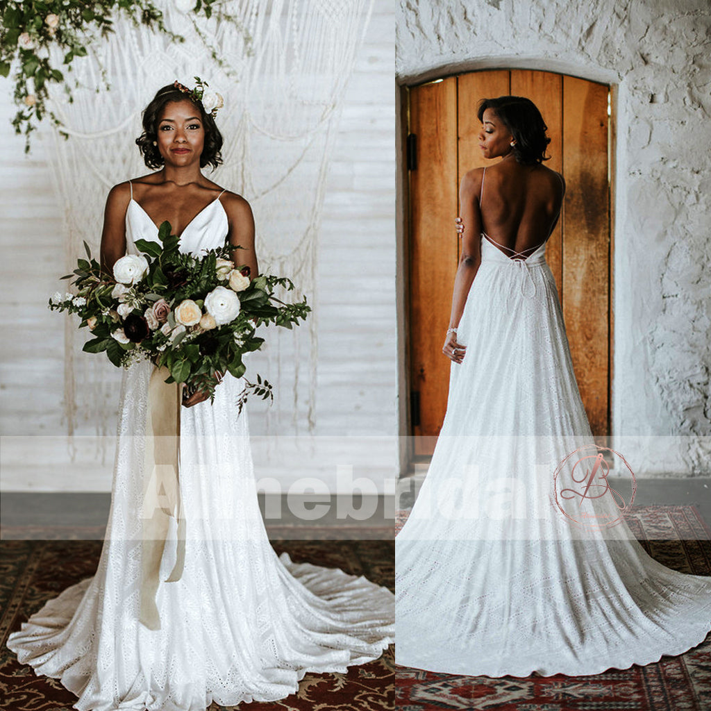 Ivory Lace Spaghetti Straps Lace Up Back A-line Boho Wedding Dresses, AlineBridal Ivory Lace Spaghetti Straps Lace Up Back A-line Boho Wedding Dresses, AlineBridal