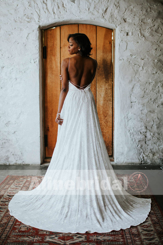 Ivory Lace Spaghetti Straps Lace Up Back A-line Boho Wedding Dresses, AlineBridal Ivory Lace Spaghetti Straps Lace Up Back A-line Boho Wedding Dresses, AlineBridal