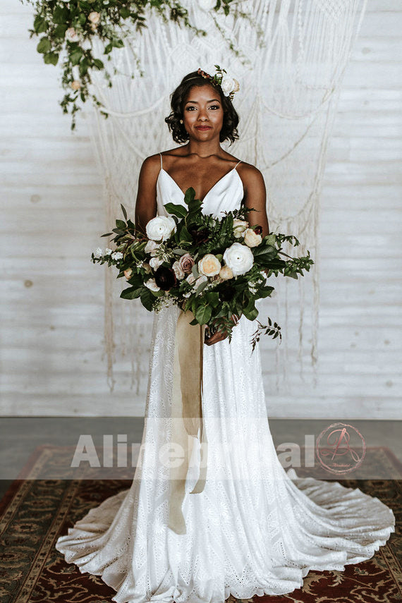 Ivory Lace Spaghetti Straps Lace Up Back A-line Boho Wedding Dresses, AlineBridal Ivory Lace Spaghetti Straps Lace Up Back A-line Boho Wedding Dresses, AlineBridal