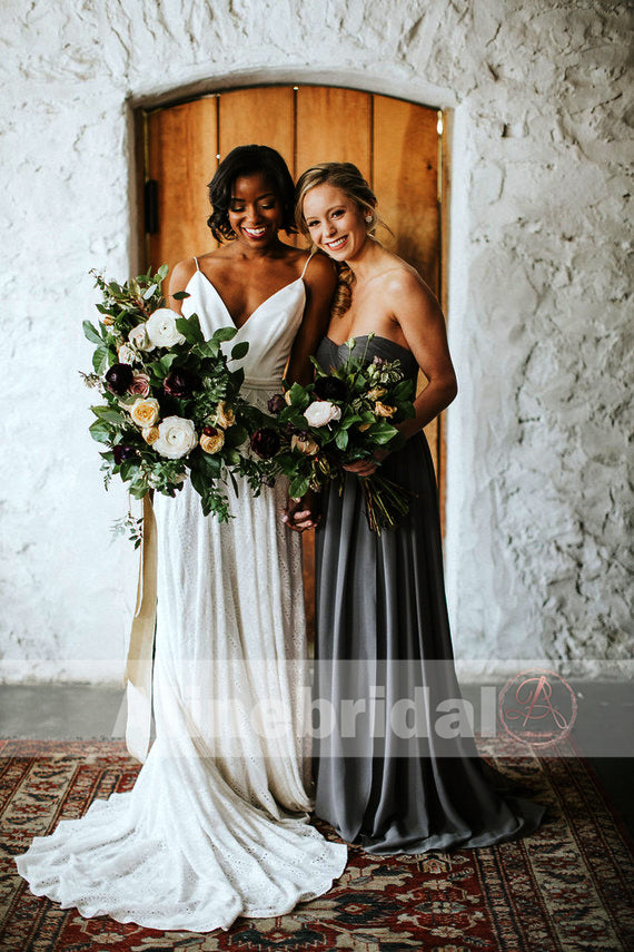 Ivory Lace Spaghetti Straps Lace Up Back A line Boho Wedding